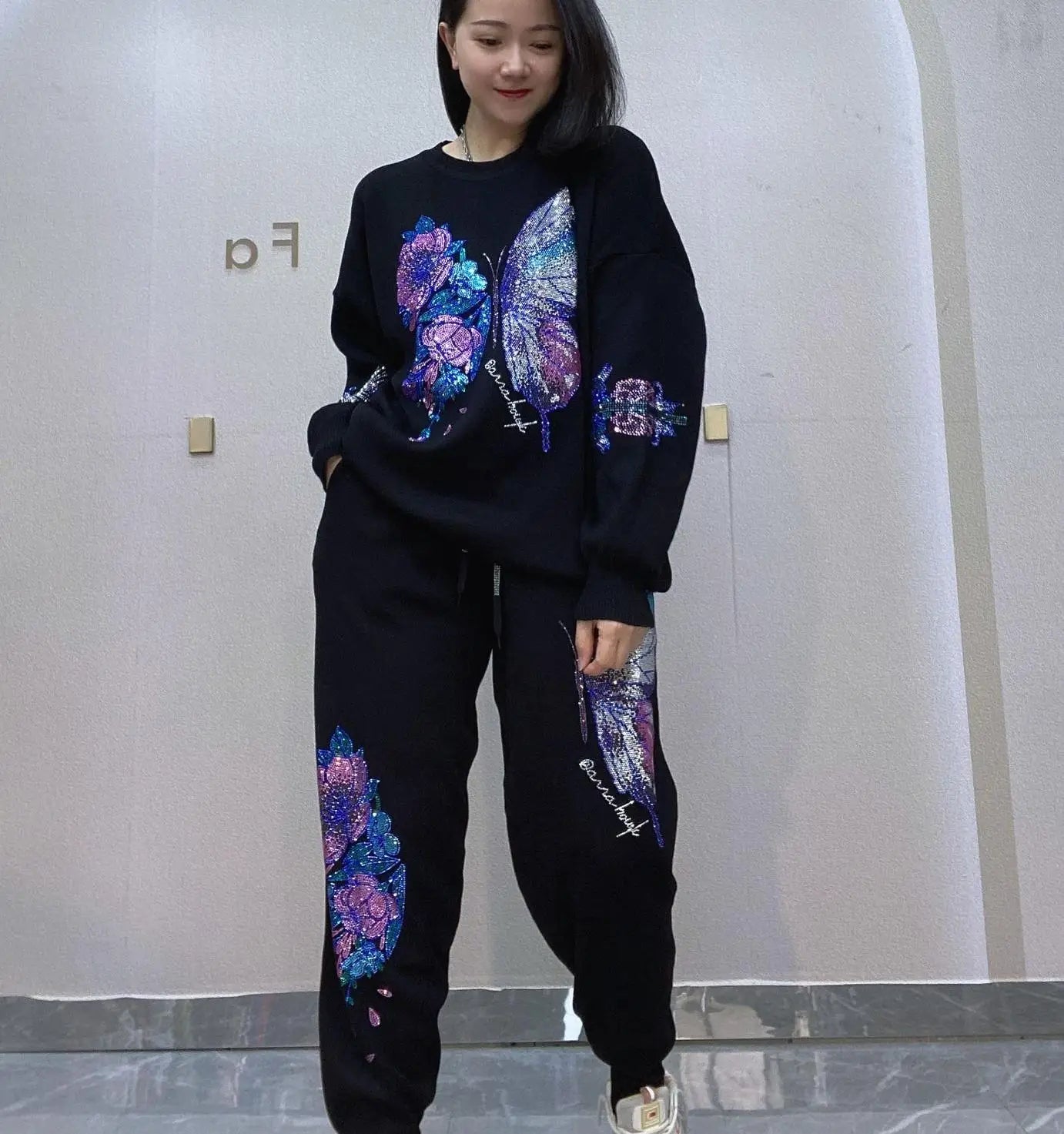 2026 Custom Rhinestone 2 Two Piece Pants Set Women Clothing Plus Size Knitted Sweater Women's Two Piece Joggers Suits
