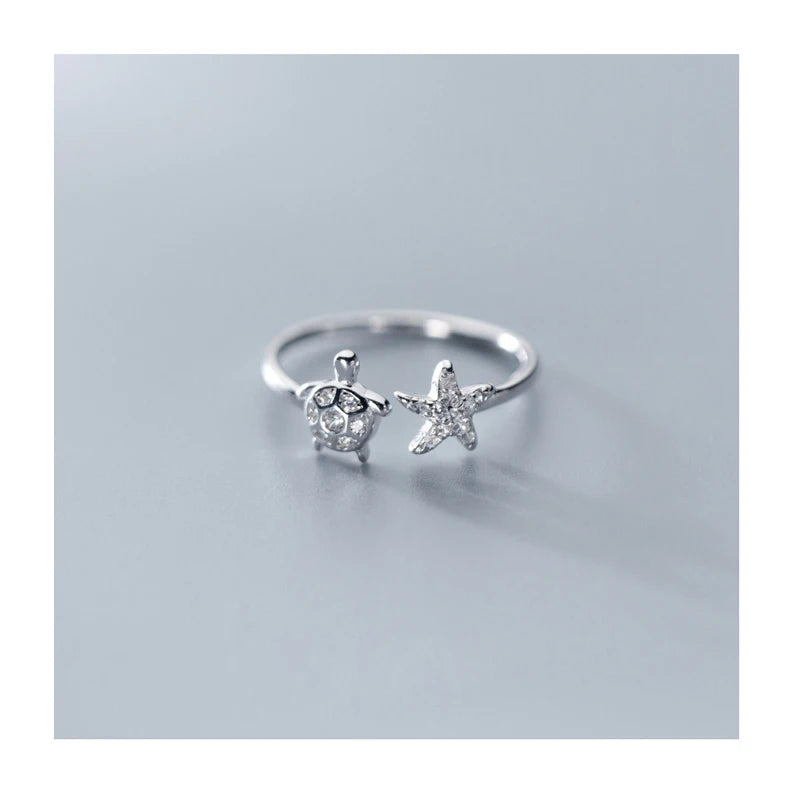 Fashion 925 Sterling Silver Sea Star Turtle Shaped Adjustable Animal Rings Cubic Zircon Ring for Women Wholesale