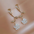 18k Gold Plated 925 Sterling Silver Camellia Flower Leaf Dangle Earrings Asymmetrical White Flower Stud Earrings for Women