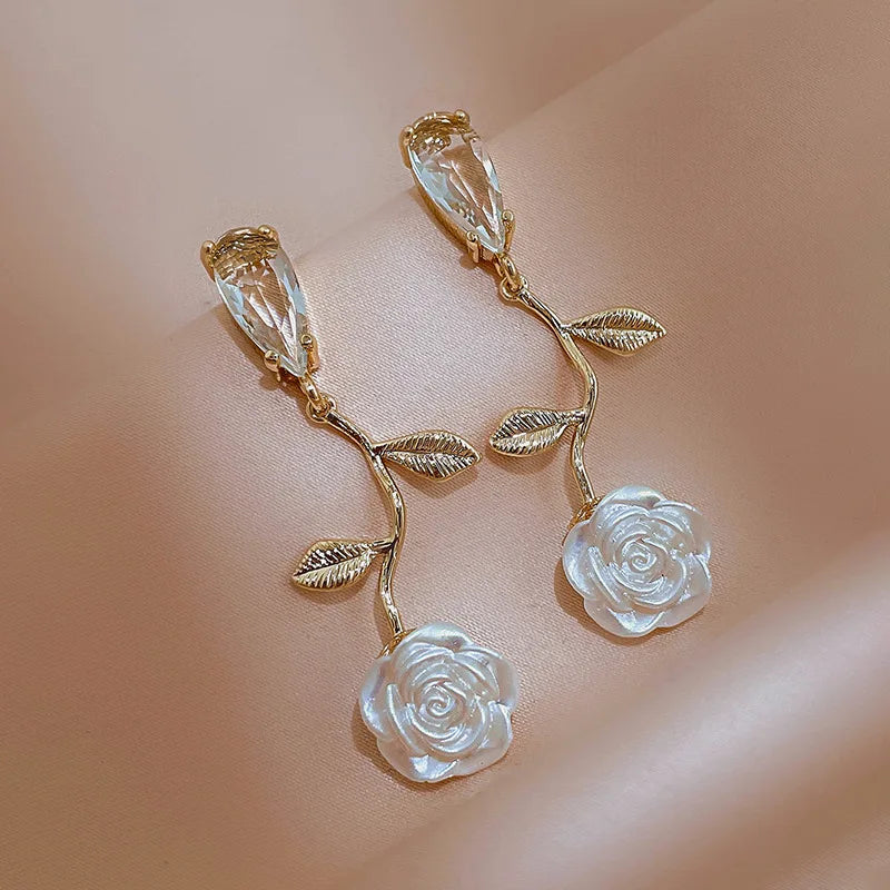 18k Gold Plated 925 Sterling Silver Camellia Flower Leaf Dangle Earrings Asymmetrical White Flower Stud Earrings for Women