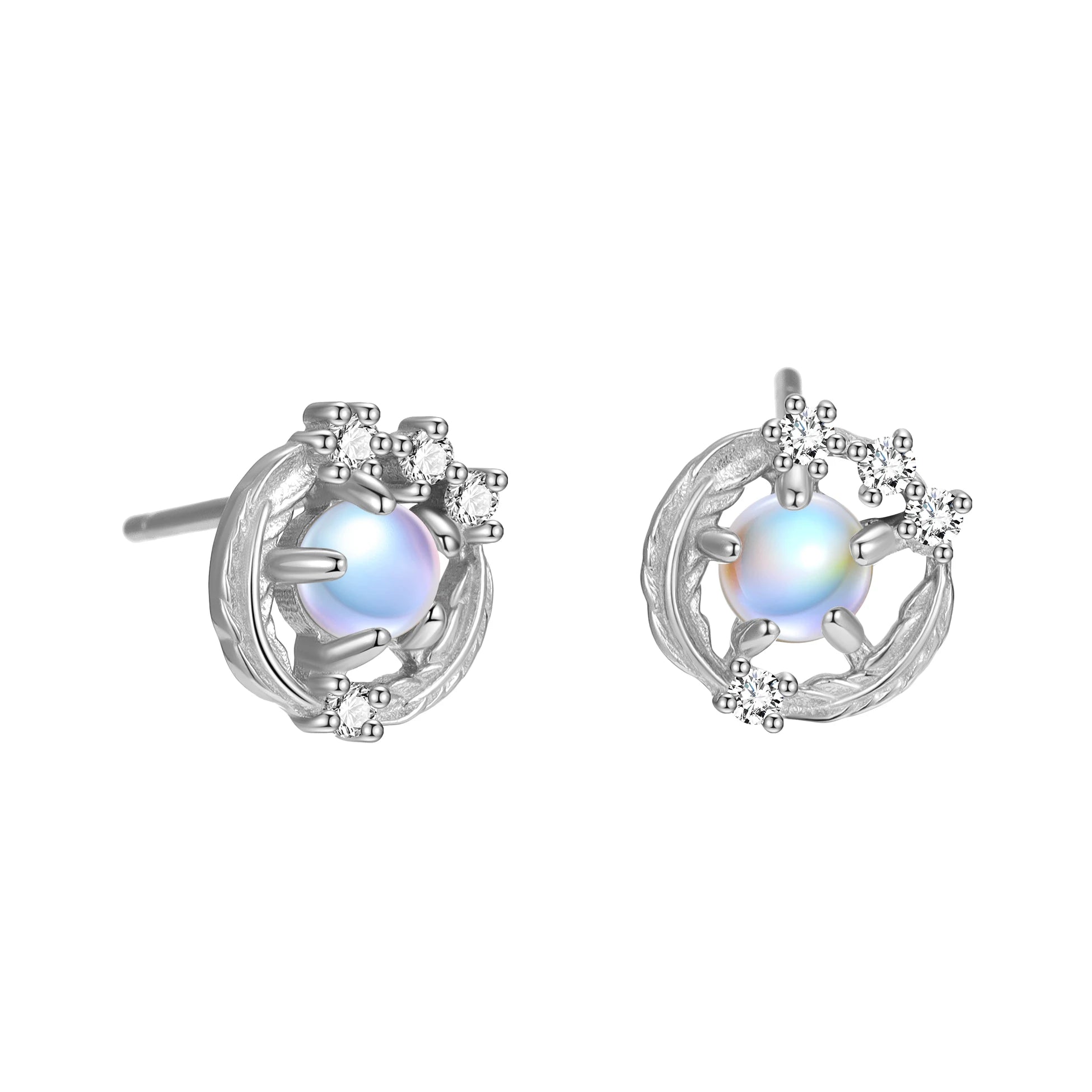 Designer 925 Sterling Silver Earrings Set Small CZ Moon Stone Round Feather Stud for Women Wholesale Fine Jewelry