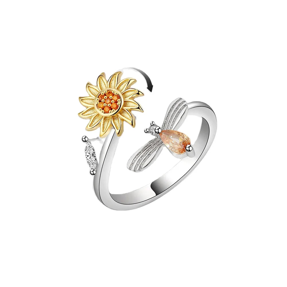 Daidan Rings Silver 925 Two Stone Open Anti Stress Sunflower Bee Spinner Ring
