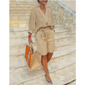 2023 Summer New Comfortable Breathable Cotton Linen Solid Color Short Sleeve Tops and Shorts 2 Pieces Women Set
