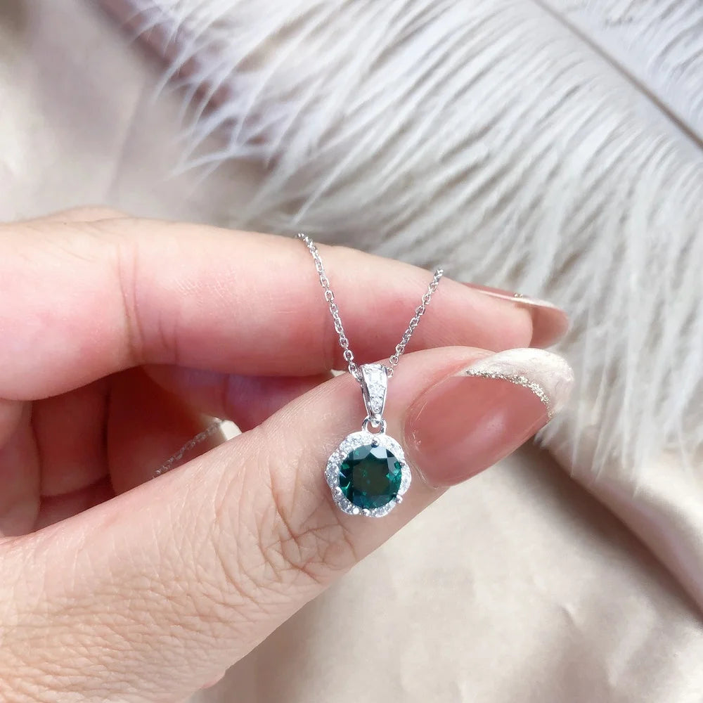 New Arrival Fashion Jewelry Green Color Flower Shape 925 Sterling Silver Necklaces Zambian Emerald Gemstone Chain for Girl