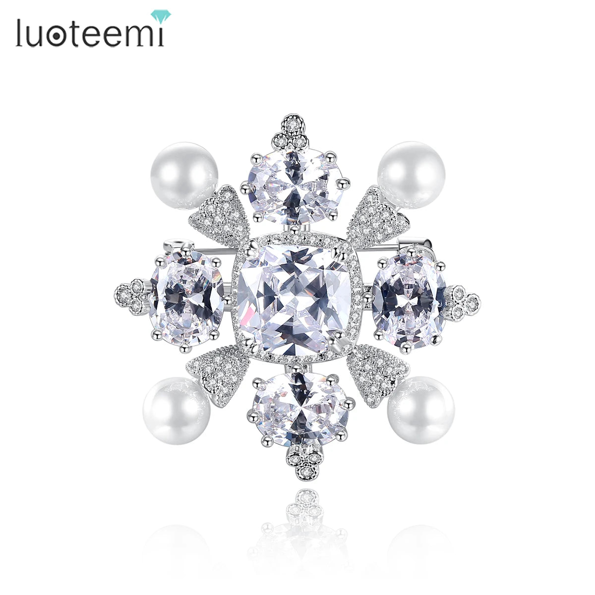 LUOTEEMI Broches Pins Brooches Snowflake Shape with Four Freshwater Pearl Vintage Brooch Wholesale for Ladies