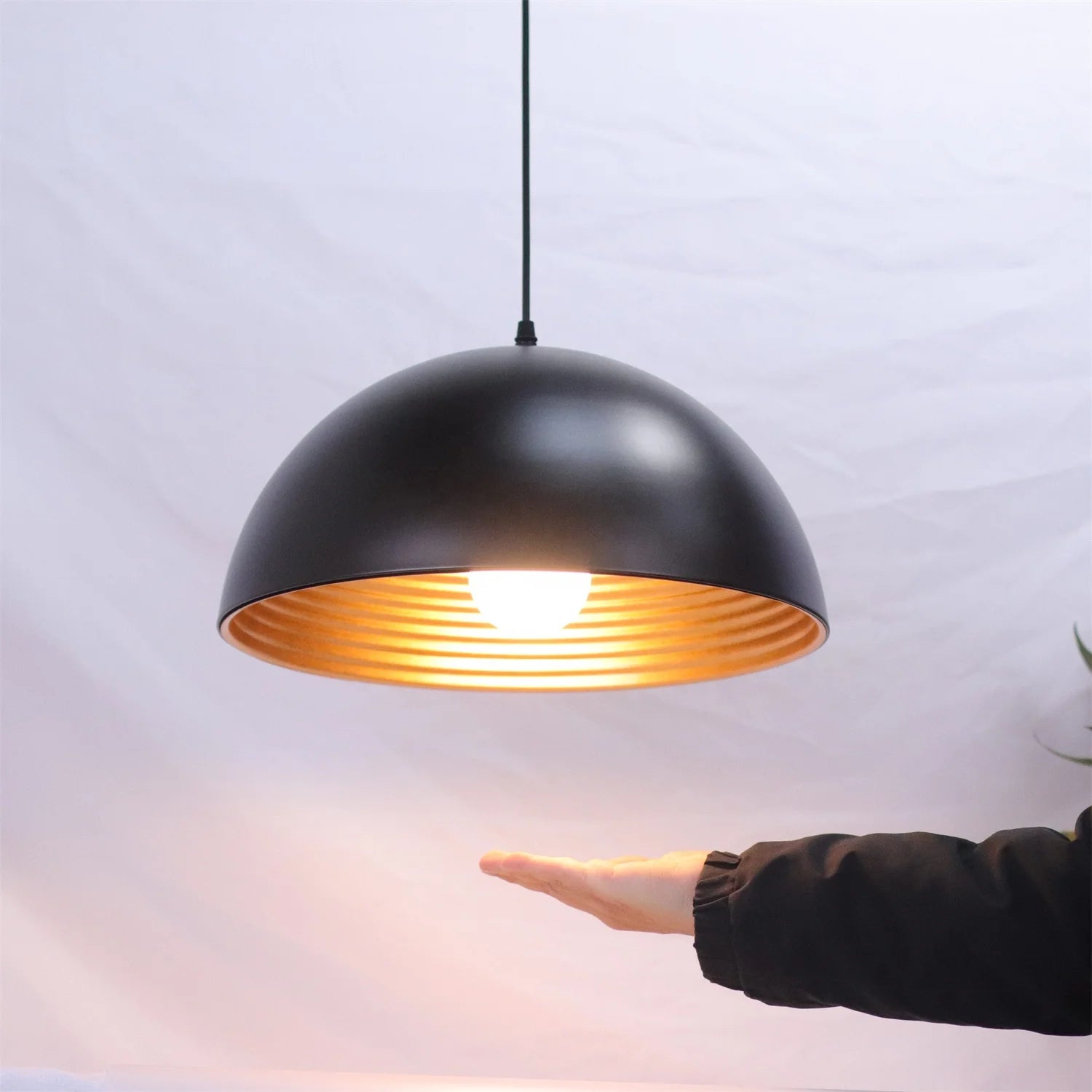 Joyinled 15-Inch Black Gold Metal Pendant Light Bold Textured Matte Black Dome Hand-Applied Gold Leaf Hanging Chandelier for