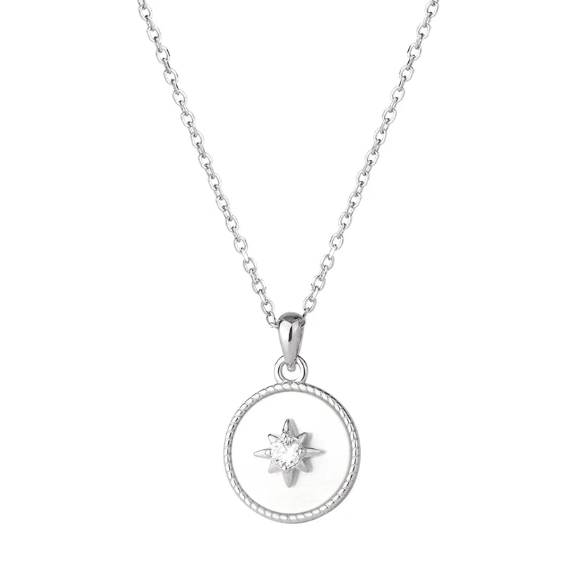 925 Sterling Silver Women's Necklace North Star Compass Shell Rhodium Plated Pendant Fashionable Cute Zircon Parties Weddings