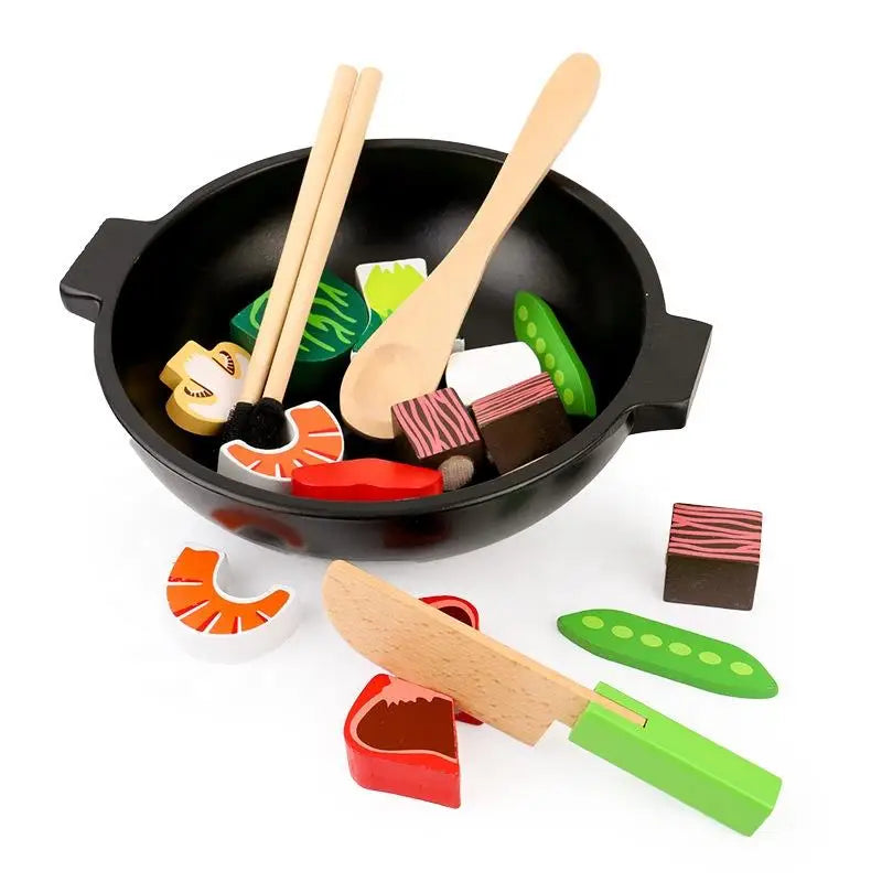 Kids Stir Fry Slicing Food Kitchen Toys Pretend Play Vegetable Wooden Cutting Toy Set