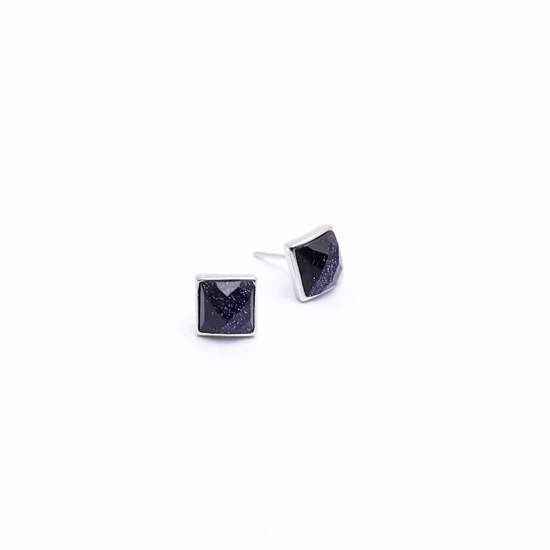 925 Sterling Silver Stud Earrings Square Black Agate Purple Sand Cute Korean Fashion Style Wholesale for Men Women for Wedding