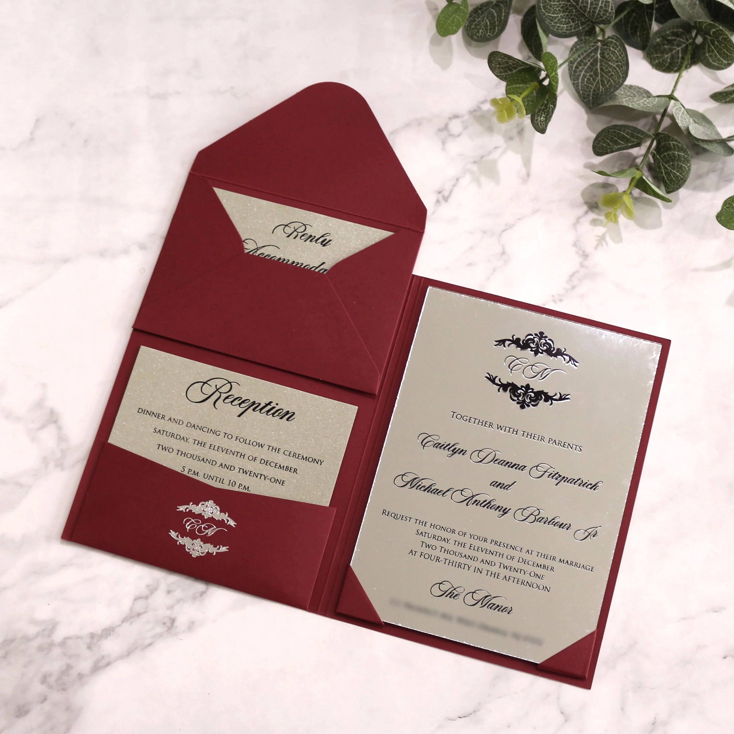 Burgundy Dark Red Silver Mirror Acrylic Wedding Invitation Card Pocket Folder Carte Invitation