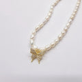 IVIAPRO Jewelry Elegant 18K Gold Plated Cubic Zircon Butterfly Water Drop Pendant Freshwater Pearl Choker Necklace for Women