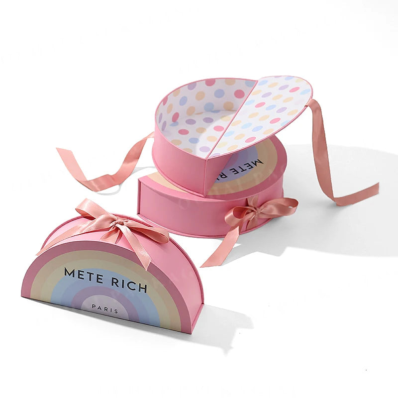 Special Semicircle Moon Shape Craft Paper Box Personalization Double Sided Printed Handmade Gift Packaging Box with Silk Ribbon