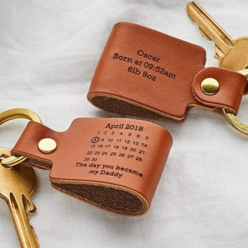 Personalized Key Chain Never Forget Date Leather Keyring Leather EDC  Keychain Gift for Dad Mom