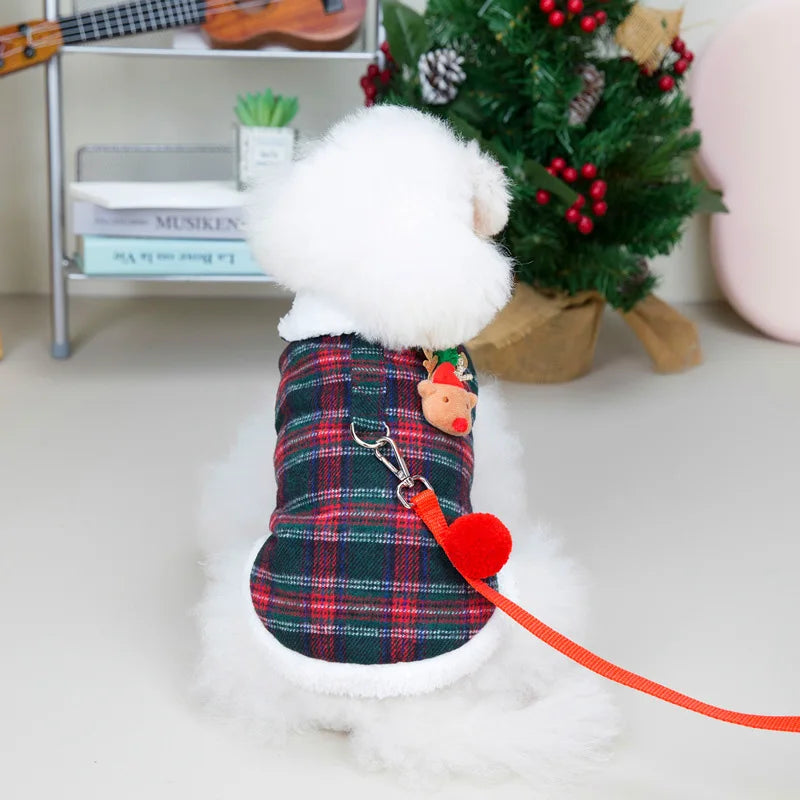 Plaid Printed Christmas Deer Dog Christmas Clothes Costume Winter Warm Windproof Puppy Vest Christmas Dog Harness with Leash