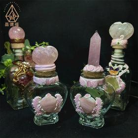 Kindfull New Arrival Wholesale Colorful Glass Natural Crafts Healing Raw Stone Rose Quartz Wish Bottles for Gifts