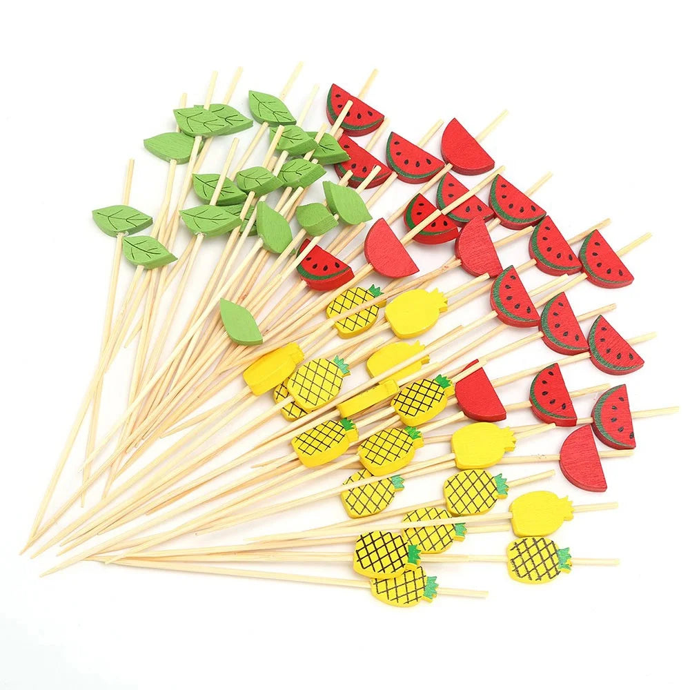 Watermelon Pineapple Green Leaves Picks Skewers Decorative Bamboo Sticks