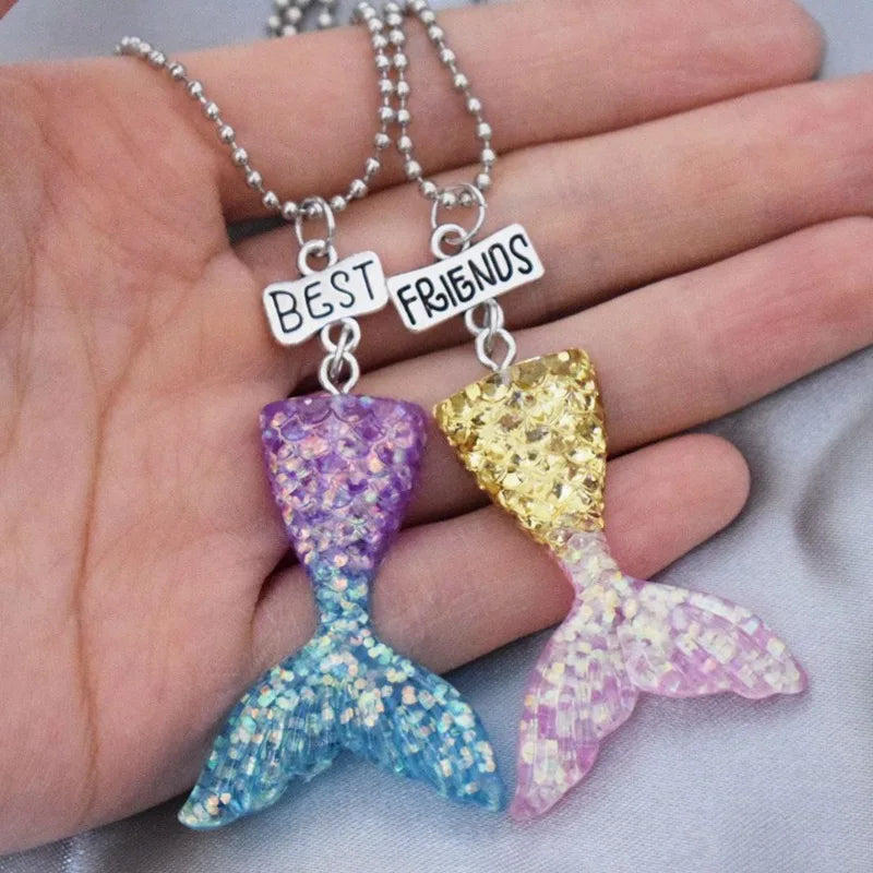 2pcs/Set Children's Colorful Mermaid Pendant Necklace Resin Fish Tail BFF Best Friend Pendant Necklace Gift for Kids Children