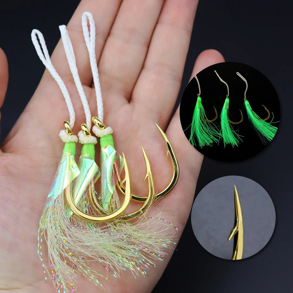 Wholesale 3/0~13/0 New Metal Small Sea Fishing Jigging Iron Fish Assist Hook Set Lure Plate With Bionic Luminous Feather Hook