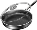 Home Used 26cm Nonstick Honeycomb Inner Bottom Flat Pan 18/8 Stainless Steel Wok Frying Pan with Glass Lid