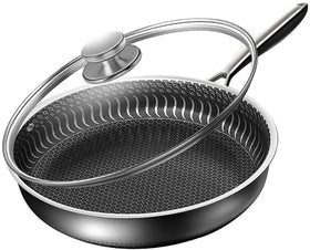 Home Used 26cm Nonstick Honeycomb Inner Bottom Flat Pan 18/8 Stainless Steel Wok Frying Pan with Glass Lid