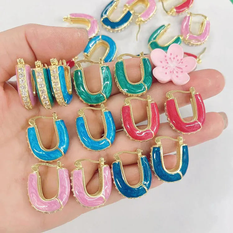 EC1972 Vintage Retro 18k Gold Rainbow Multicolor Enamel CZ Micro Pave U Shaped Summer Hoops Earrings for Ladies