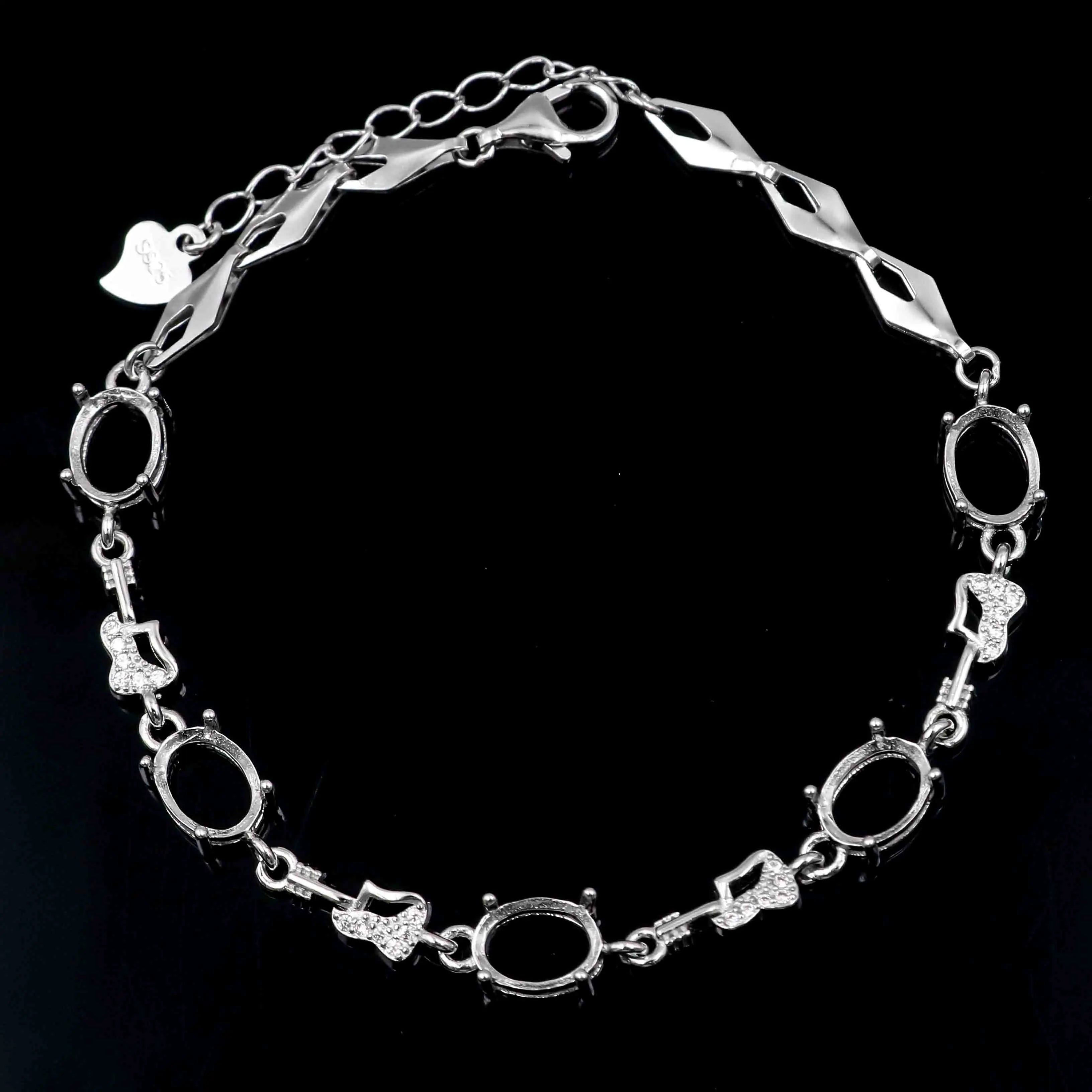 Sterling Silver 6*8mm Semi Mount Bracelet Empty Support Blank Claws Setting S925 Base Holder Without Center Stone Inlay for DIY