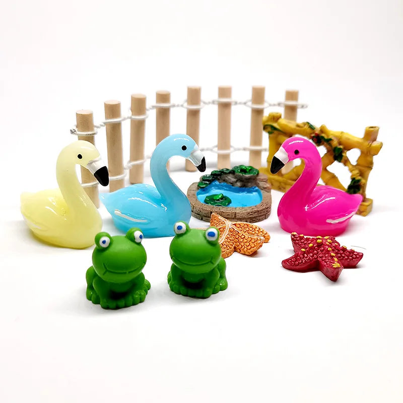 10-pack Fairy Garden Accessories Mini Flamingo Frog 3D Resin Craft Decorative Terrarium Miniature OrnamentDIY Toy Handmade