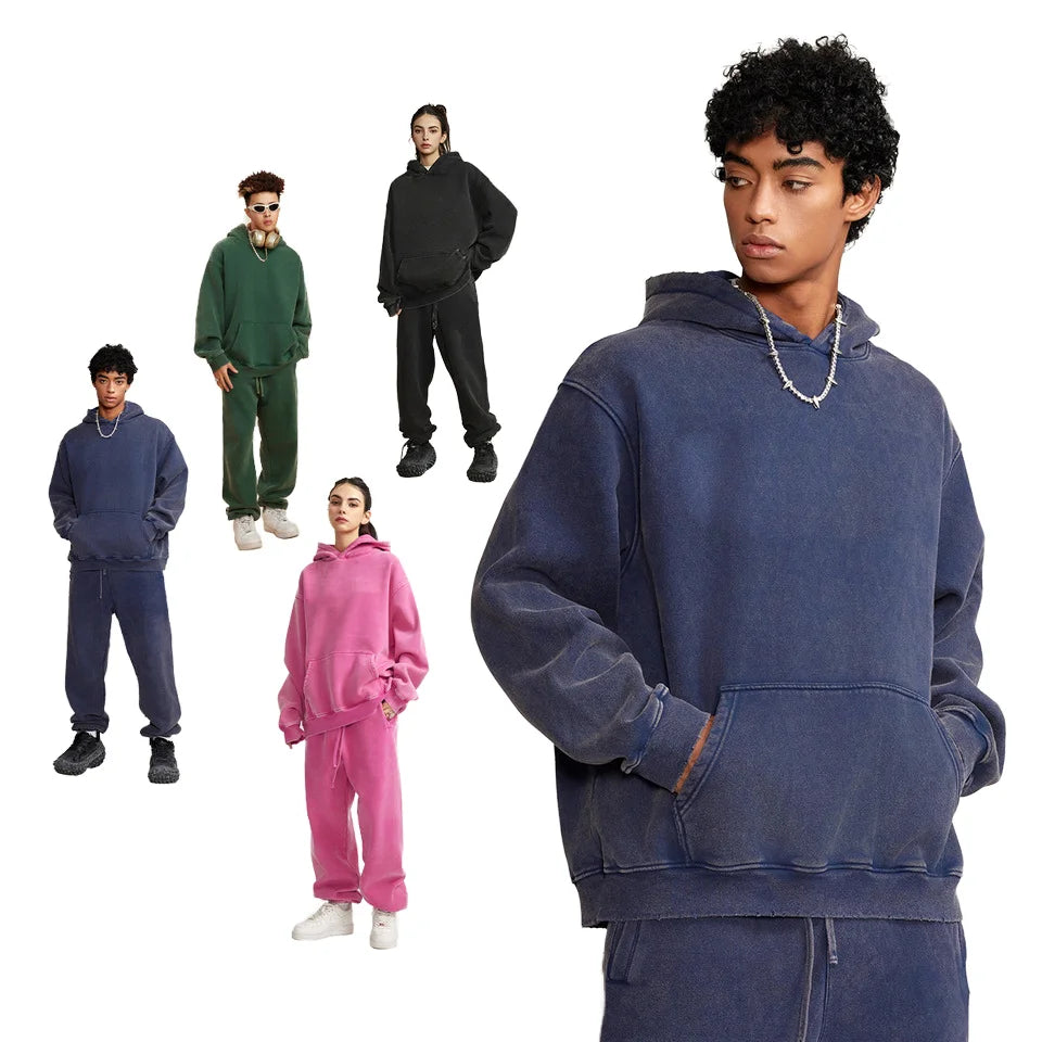 Unisex Oversized 355g Cotton Blends Hoodie Sweatshirt Set Custom Acid Wash Zip-up Printed Pattern for Men Plain Dyed for Spring