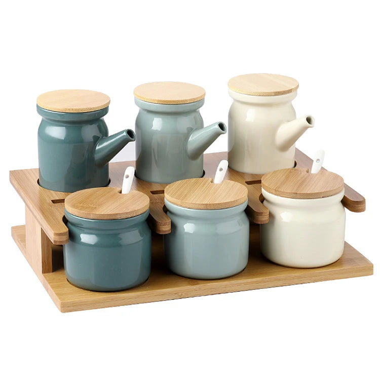 Factory Price Eco-Friendly Ceramic Kitchen Spice Jar Set with Bamboo Lids Box Packed 300/500ml Capacity