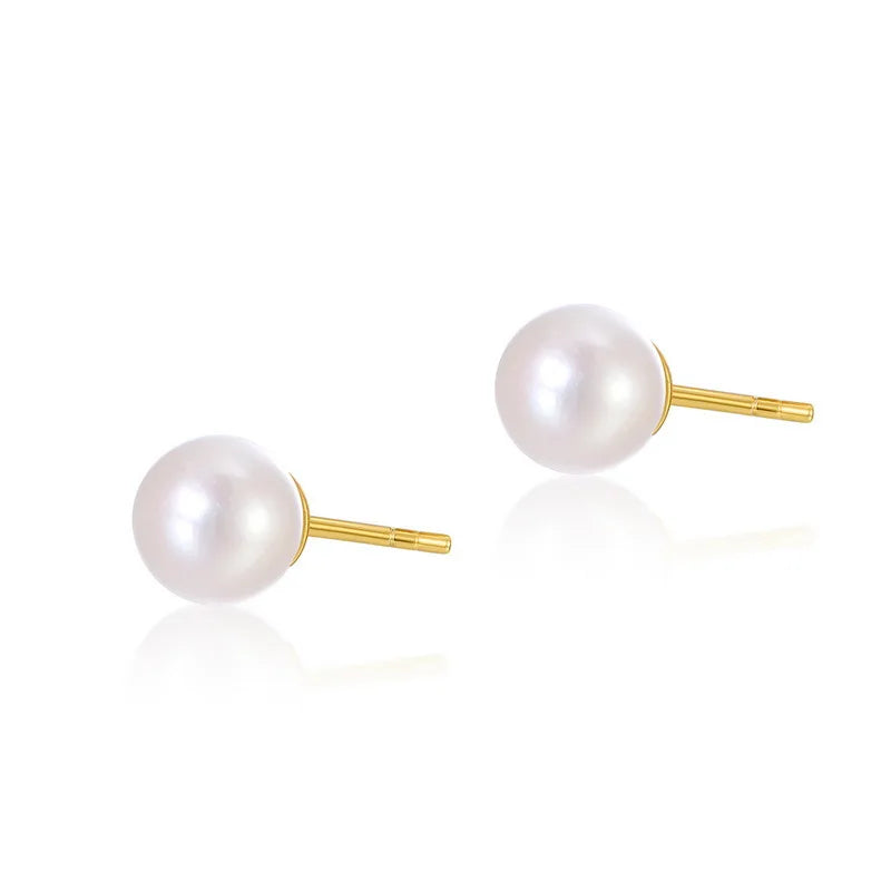 4-4.5mm 925 Sterling Silver Simple Round Natural Genuine Freshwater Pearl Stud Earrings