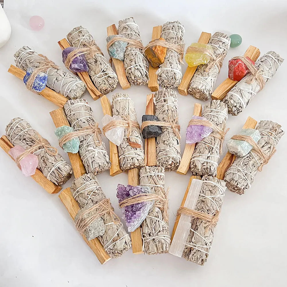 Sage Smudge Kit With Crystal Home Cleansing Negative Energy Selenite Wand White Sage Incense Palo Santo Sticks for Healing