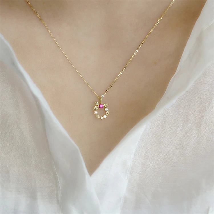 Cute Design 925 Sterling Silver 14K Gold Plated Leaf and Flower Charm Necklace
