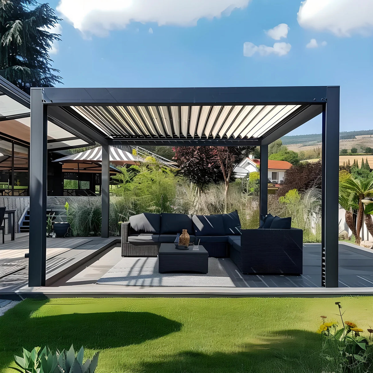 Luxurious High Performance Aluminum Pergola with Louvered Roof and Wood Grain Finish for Garden Pavilion Patio Deck MegaBDM