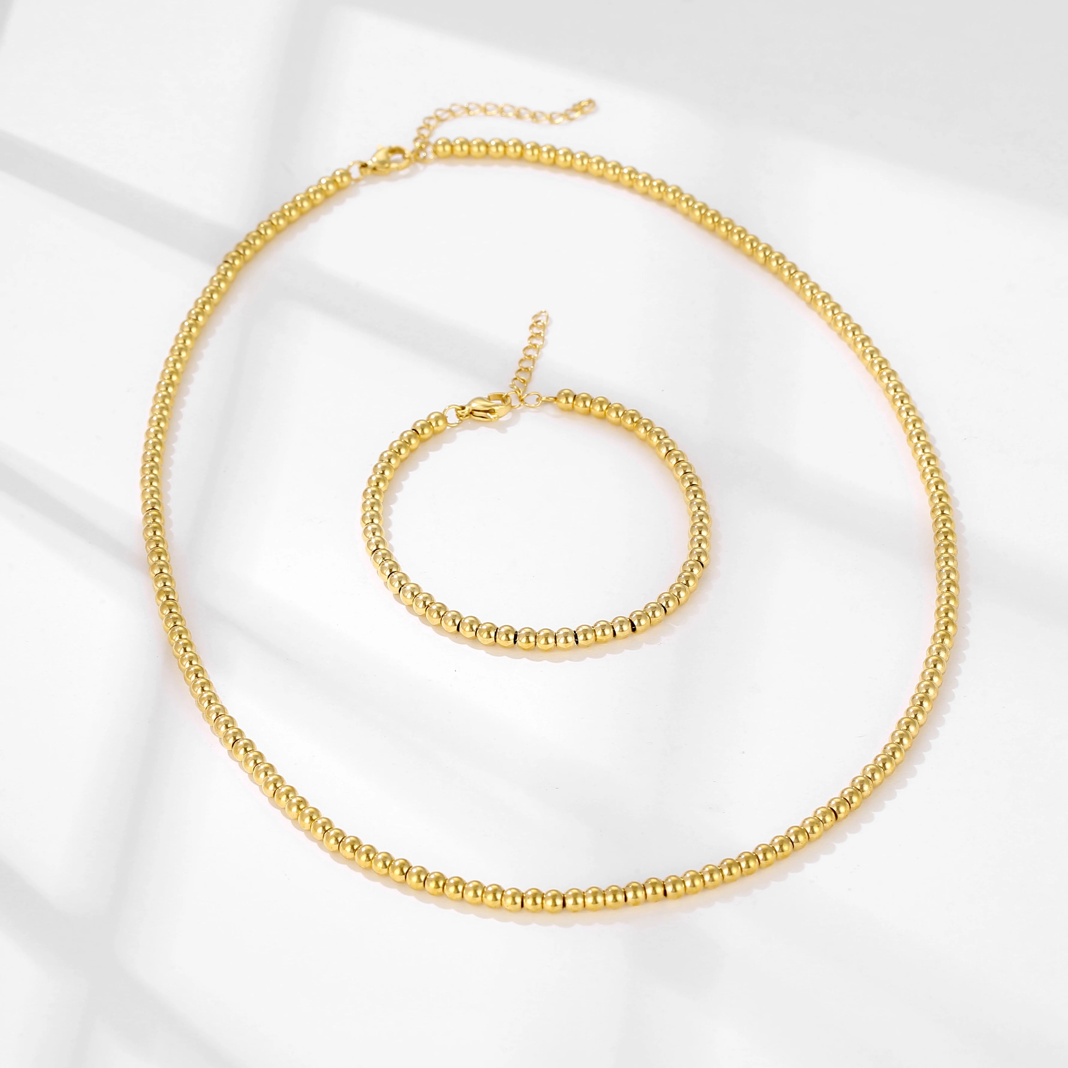 Fashion Custom Jewelry Brand 18K Gold Plated Jewelry Set Hip Hop Stainless Steel Gold Beads Necklace Bracelet Sets Men Women