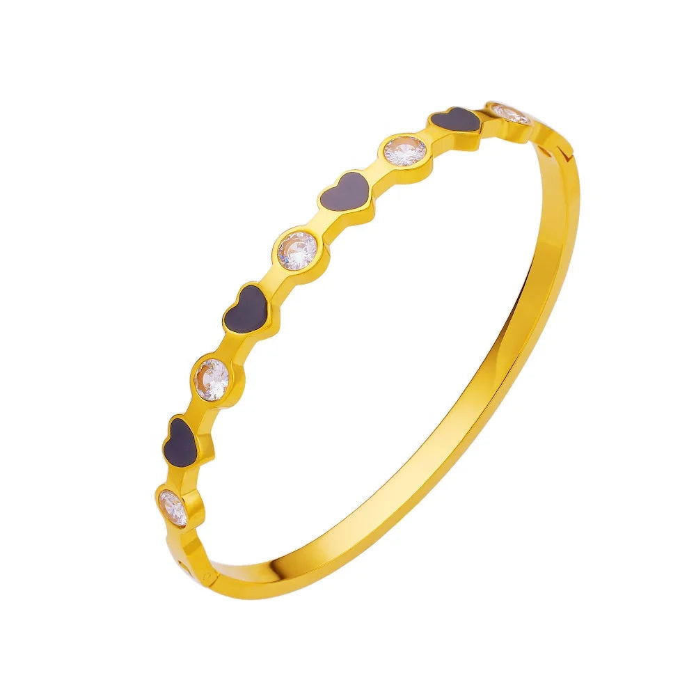Customizable Stainless Steel Women's Fashion Bangle with Golden Crystal and Love Enamel for Girls Personalized LOGO Jewelry