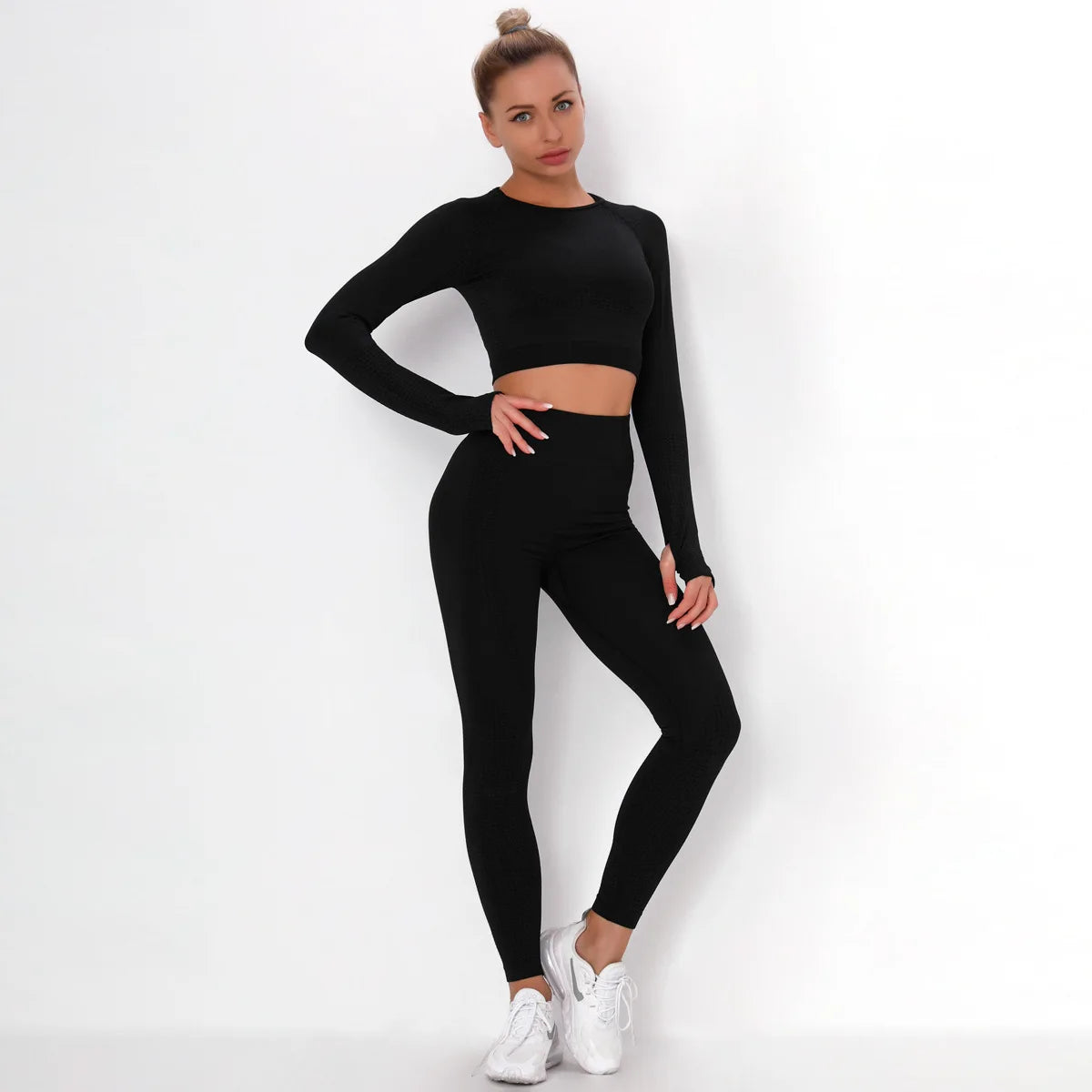 Women's High-Waisted Tight Long Sleeve Gym Yoga Set Solid Pattern Exercise Pants with Butt Lift Two Piece Naked Feel Leggings