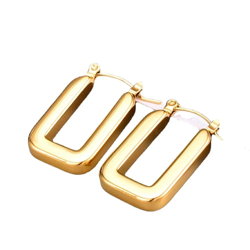 Non Tarnish Fashion Women Simple Unique Jewelry Stainless Steel Rectangular Geometric Hoop Earrings