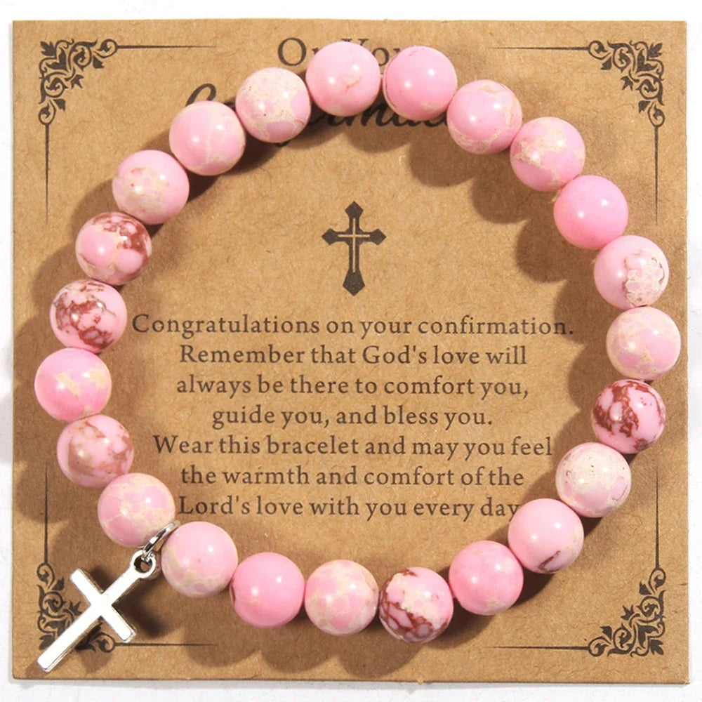 On Your Confirmation Women Religious 8mm Natural Imperial Stone Stretch Beaded Bracelet Religious Cross Charm Elastic Bracelet