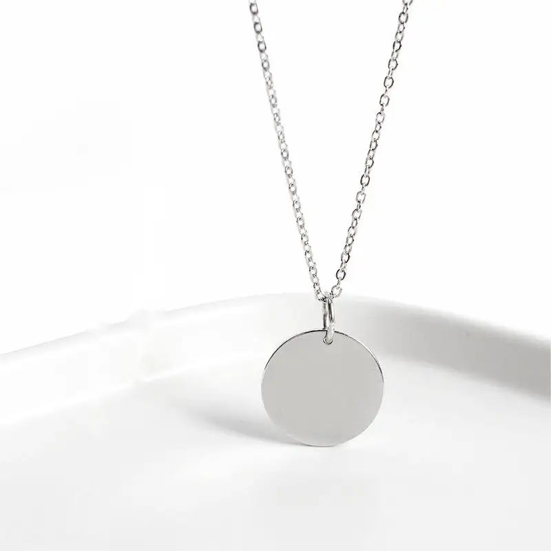 Rainbowking 925 Sterling Silver Necklace 15mm Round Card Pendant CHIC Personalized Female Round Piece Collarbone Chain Engraving