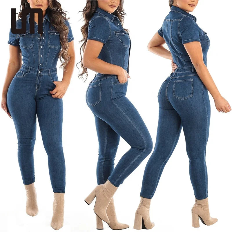 Liu Ming Oem Odm Hot Selling Products Women Short Sleeve One Piece Outfit Clothing Denim Overalls Jumpsuit MegaBDM