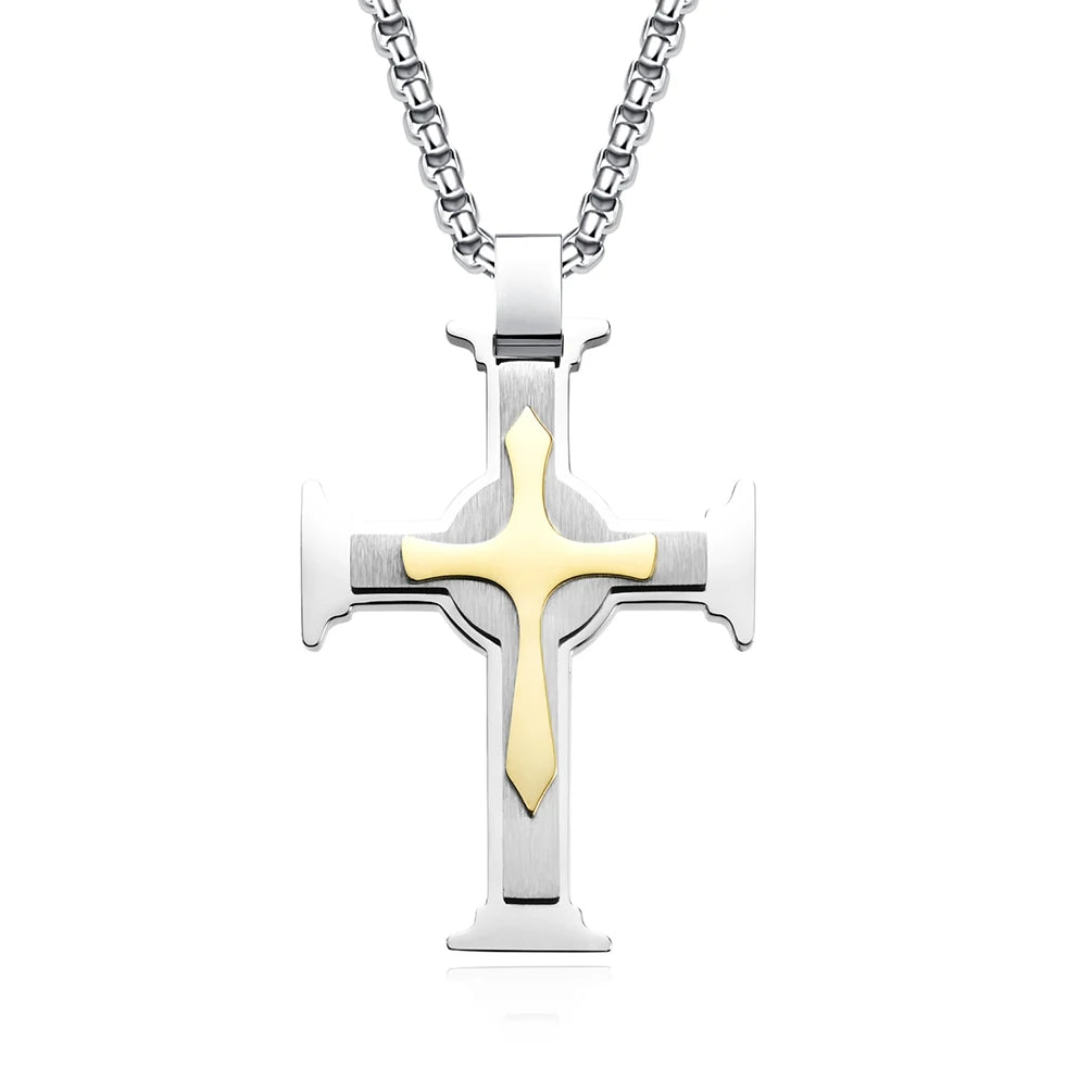 Alin Wholesale Men's Fashion Stainless Steel Jesus Cross Pendant Necklace Vintage Style with Gold Plating Box Chain Jewelry