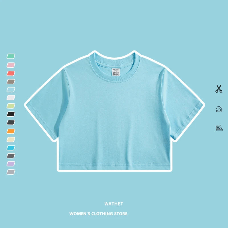 Wholesale Custom LOGO Cotton Sexy Casual Acid Wash Retro Embroidery Print Short Navel Cropped Crop Tops Women's Crop Top T-shirt