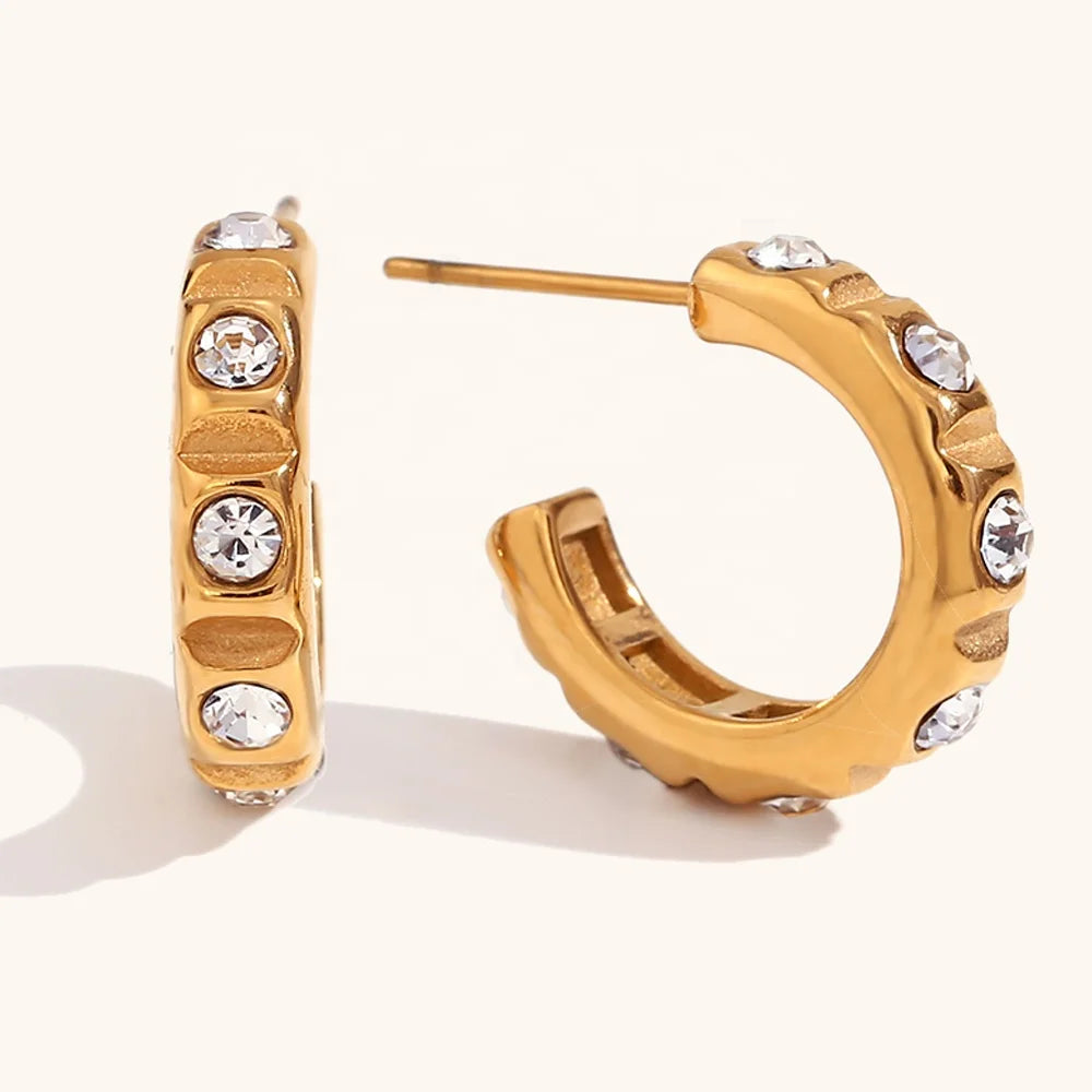 Dingran Trendy C Shape Earrings New Design Stainless Steel Jewelry with Crystal Rhinestone Gold Plated Hoop Earrings