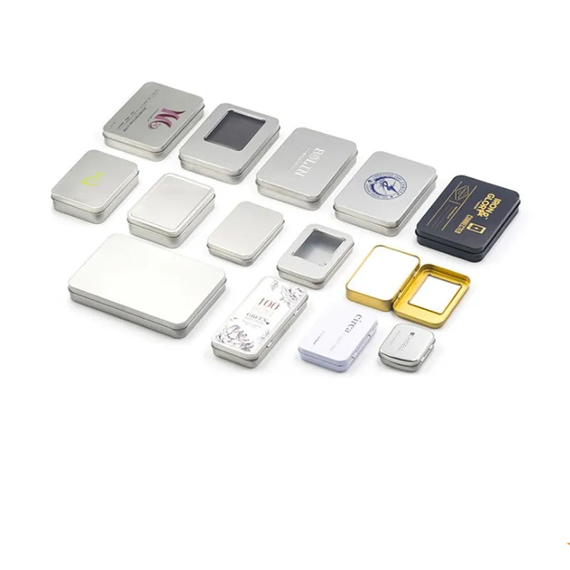 Silver Mini Portable Home Organizer Storage Kit Metal Rectangular Empty Hinged Tins with Window Small Storage Containers