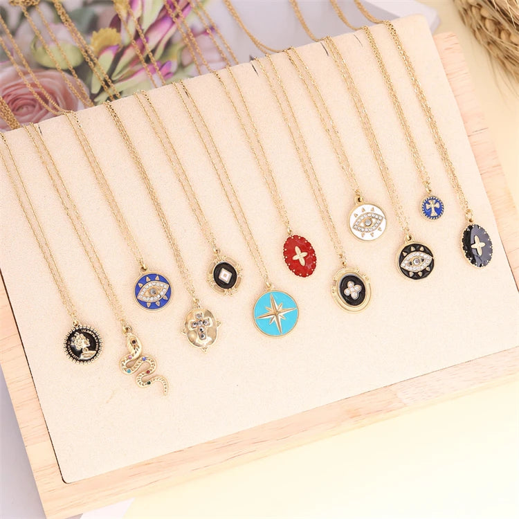 2024 New Bohemia Enamel Cross Evil Eye Zircon Pendant Link Chain Stainless Steel 18K Gold Necklace for Women