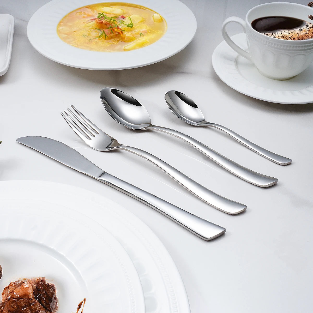 Wholesale Reusable Luxury Bulk Spoons Forks and Knives for Events Thick 4Pcs Silverware Stainless Steel Flatware Cutlery Set