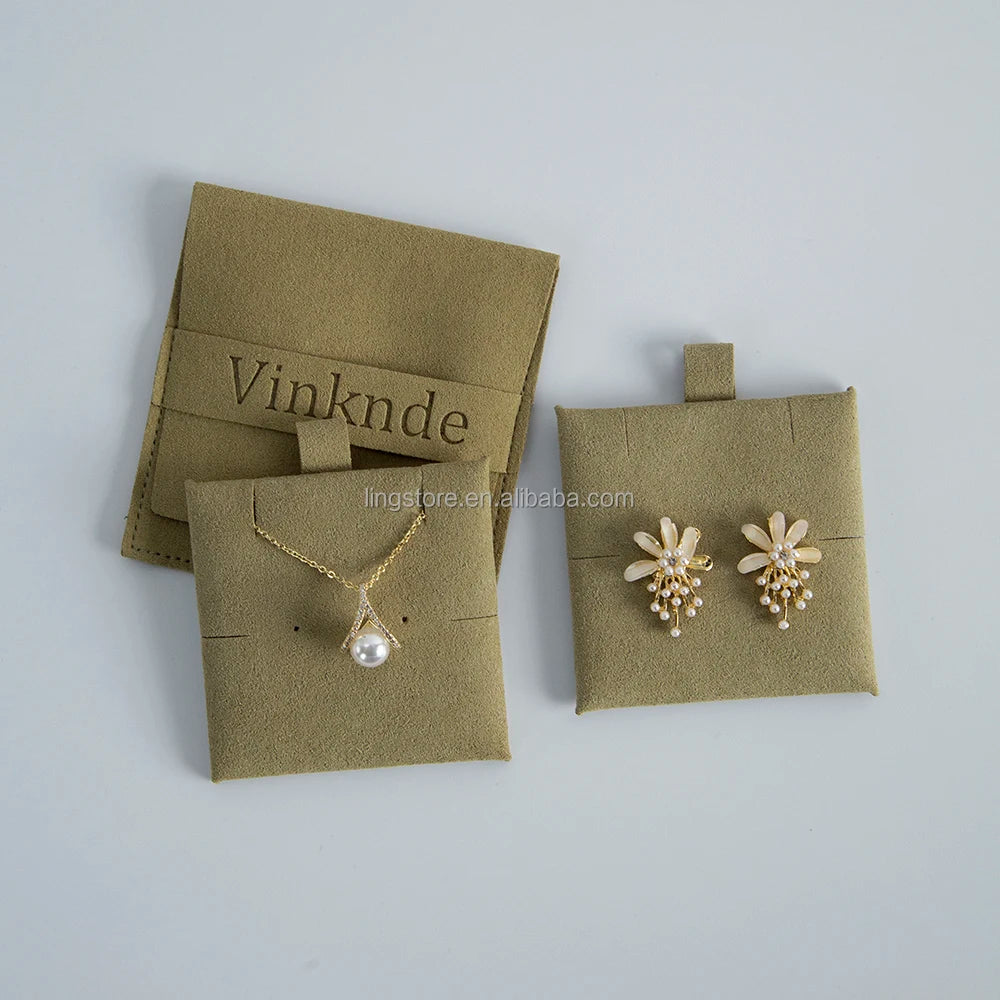 8*8cm Green Microfiber Soft Faux Suede Envelope Style Jewelry Bag Pouches Insert Card Packing Set for Luxury Jewelry Storage