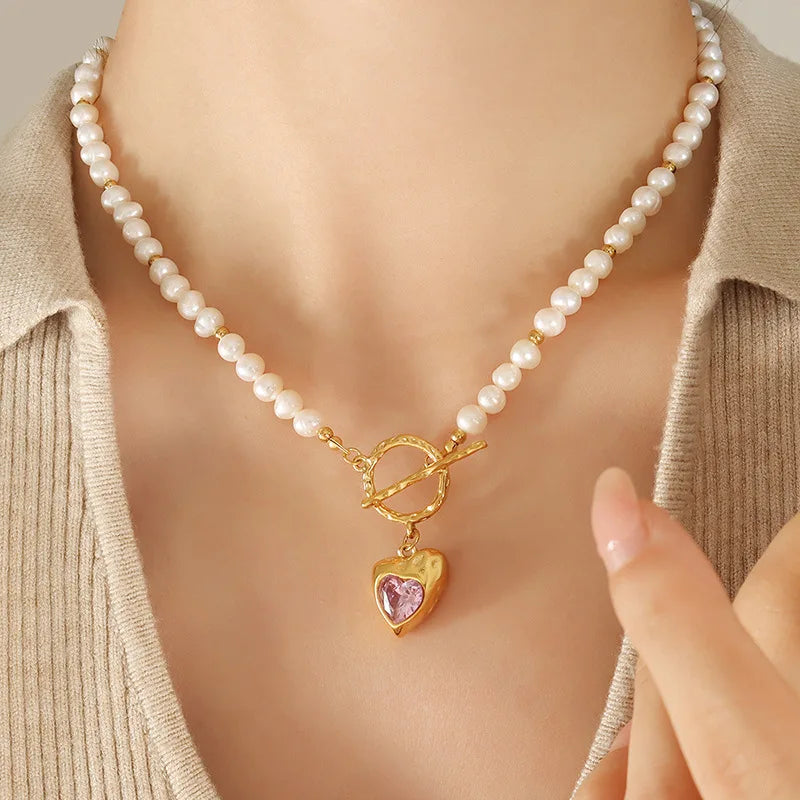 French Style Freshwater Pearl Heart CZ Pendant Jewelry Gold Plated Stainless Steel Chain Choker Necklace for Women P1329