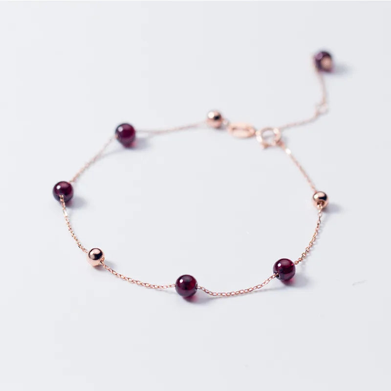 Wholesale Customized Ladies Teens 925 Sterling Silver Bracelet Fashion Party Jewelry with Gold Plating Garnet Bead Accessory