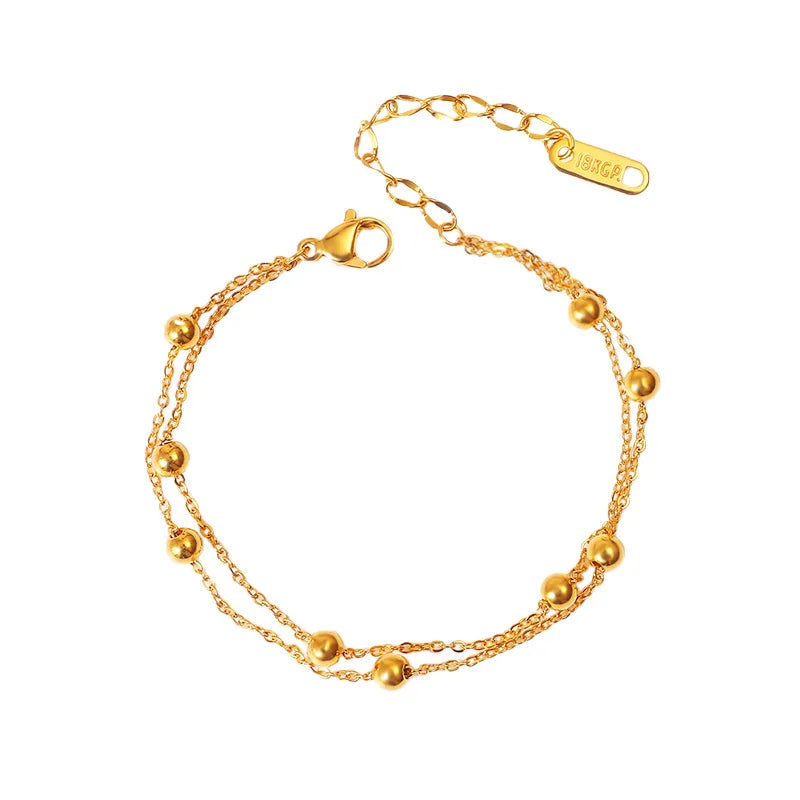 FanYue Custom Jewelry 18K Real Gold Bead Beaded Double Layer Layered Stainless Steel Anklets Foot Jewelry Wholesale